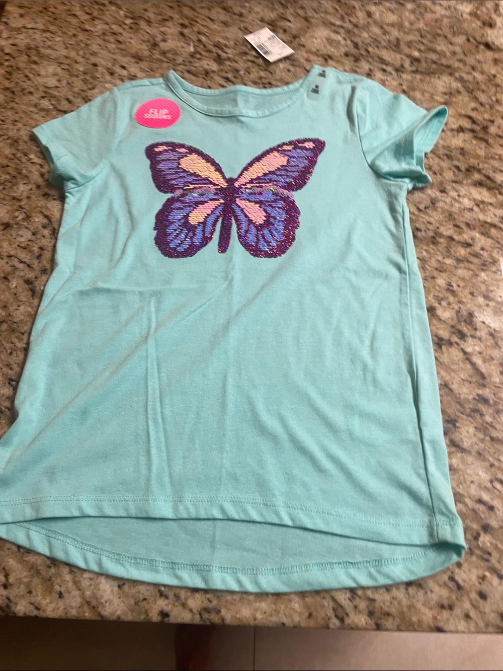 NWT The Children's Place Girl’s Teal Short Sleeve Butterfly Sequin Tee Size 7/8